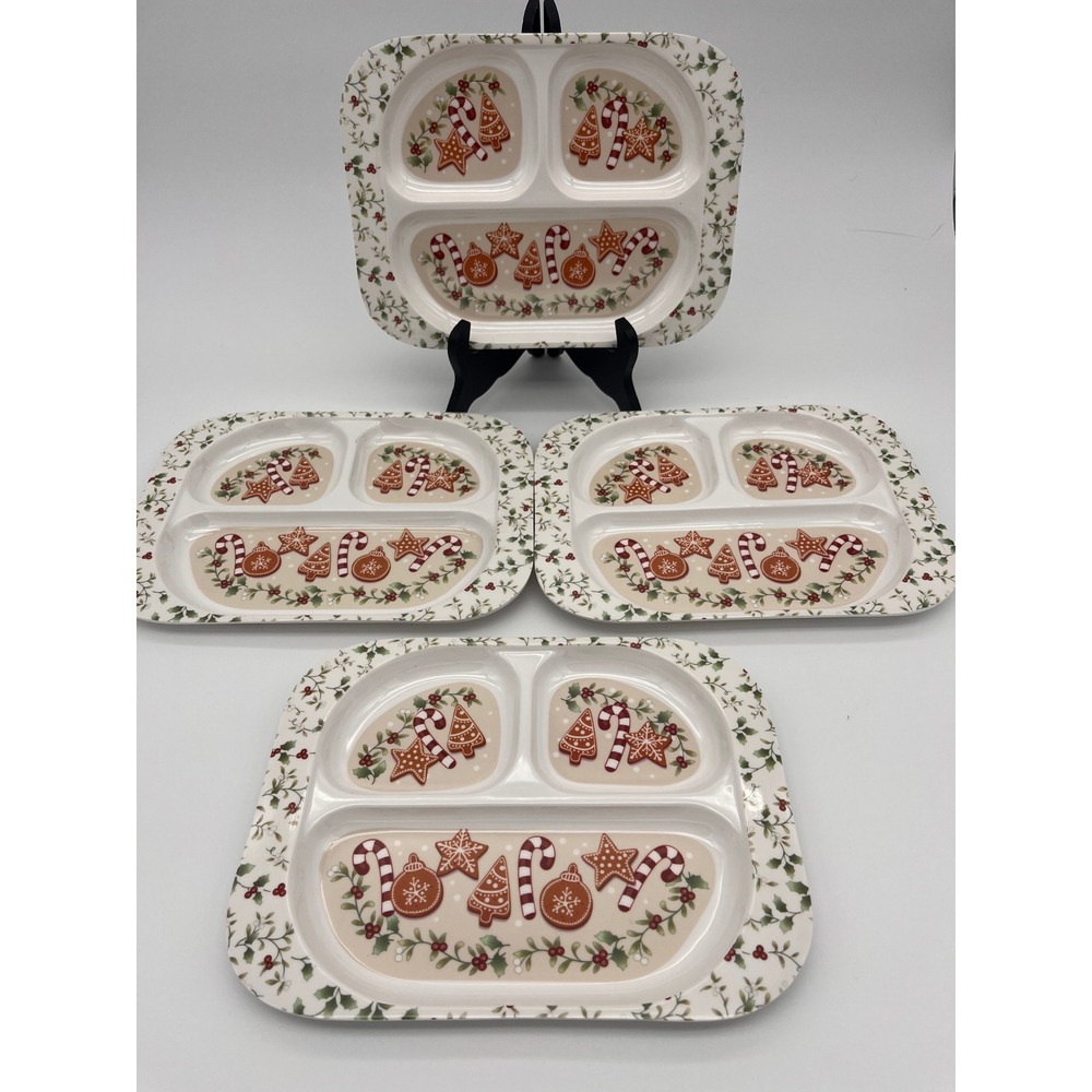 4pc Holiday Gingerbread Melamine Divided Plates Set Candy Cane Holly Berry Tray